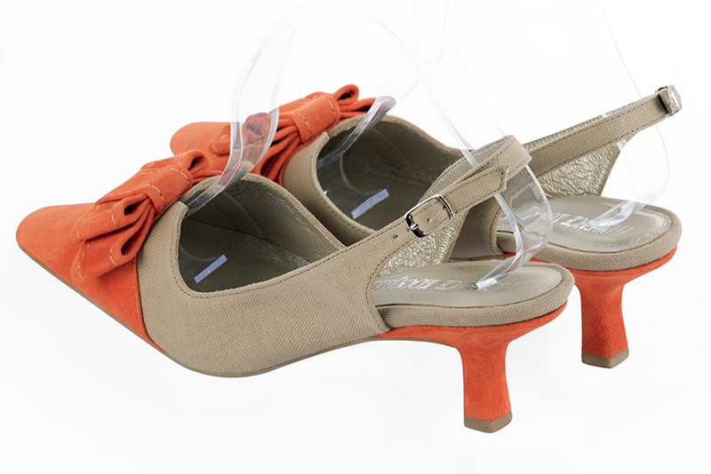 Clementine orange and tan beige women's open back shoes, with a knot. Tapered toe. Medium spool heels. Rear view - Florence KOOIJMAN